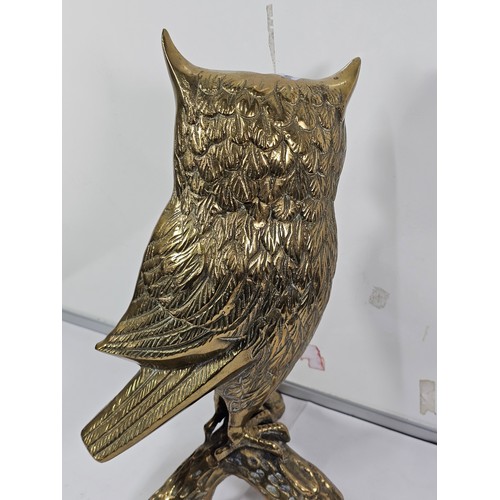 89 - A good quality solid brass owl figure standing on a branch the figure is very well detailed. Has a h... 