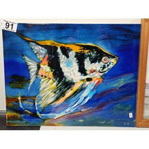91 - A collection of 3 tiled pictures to include a hand painted framed tile picture of 2 puffins signed t... 