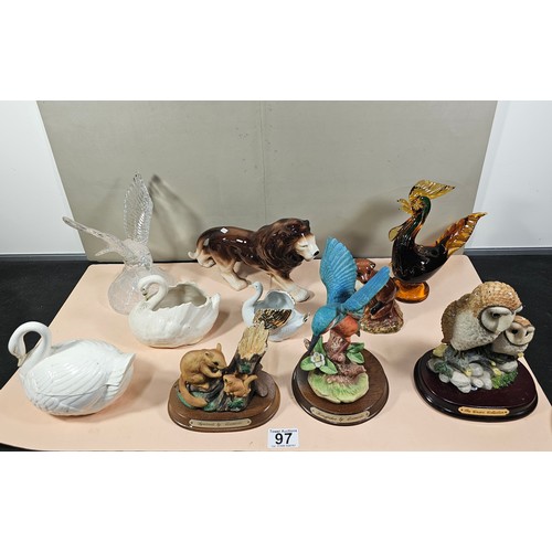 97 - A shelf full of collectables to include 2 ceramic figurines, one of a Squirrel and one of a Kingfish... 