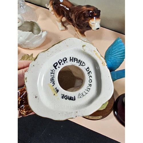 97 - A shelf full of collectables to include 2 ceramic figurines, one of a Squirrel and one of a Kingfish... 