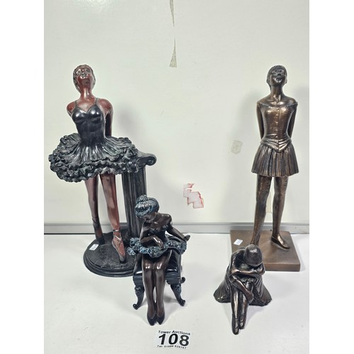 108 - A collection of 4 figurines in resin to include a Ballerina standing by a column, a dancer sitting o... 