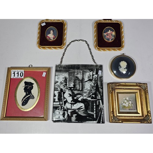 110 - A small quantity of pictures to include a framed and glazed silhouette of an army figure, 2 miniatur... 