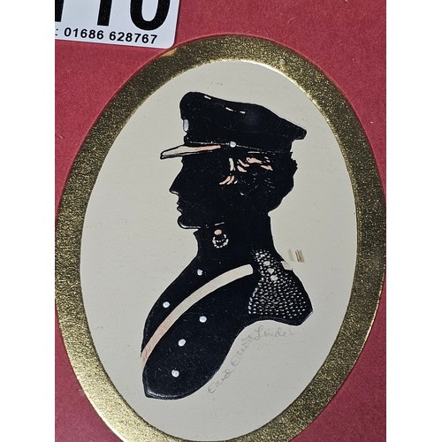 110 - A small quantity of pictures to include a framed and glazed silhouette of an army figure, 2 miniatur... 