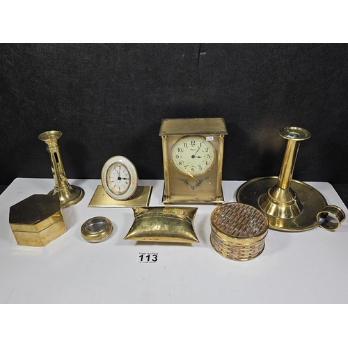 113 - Collection of assorted brass ware to include a Raynard quartz carriage clock with an enamel dial, a ... 