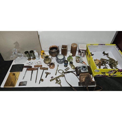 115 - 2x boxes of collectables to include cased HACO 35 S 35mm camera, 4x wooden handled corkscrews, 2x ci... 