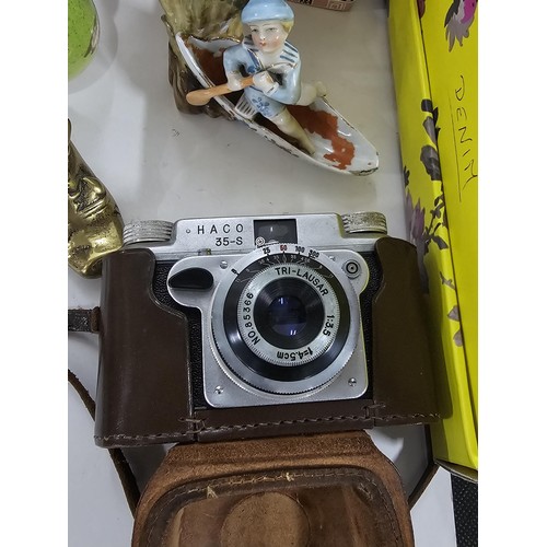 115 - 2x boxes of collectables to include cased HACO 35 S 35mm camera, 4x wooden handled corkscrews, 2x ci... 