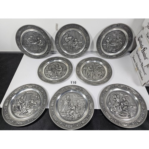 116 - A collection of 8x tin plates each with a different trade design to the front to include Glassblower... 