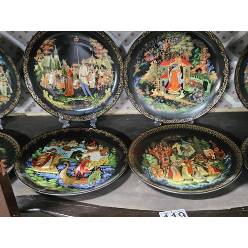119 - A collection of 17x hand painted picture plates to include a set of 10x Russian picture plates by Ga... 