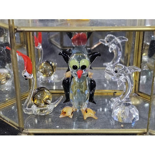 154 - 5x glass and metal small display cases to include 2x hexagonal shelf cases with three shelves contai... 