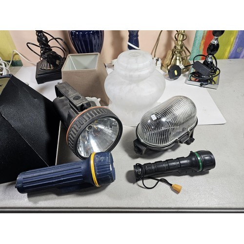 184 - A box containing a large quantity of lights and light fittings to include 2 ceramic lamps, a bulkhea... 