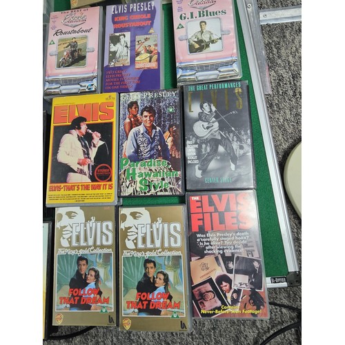187 - A box containing a large quantity of 42x Elvis related VHS tapes to include Fun in Acapulco, Evis Co... 