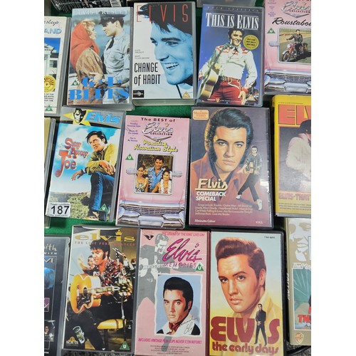187 - A box containing a large quantity of 42x Elvis related VHS tapes to include Fun in Acapulco, Evis Co... 