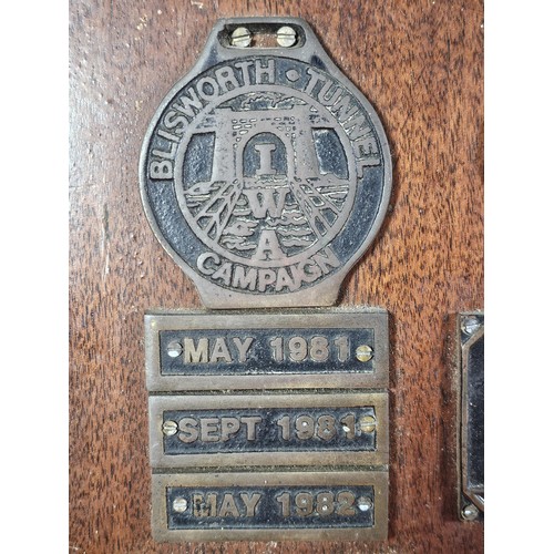 211 - An International Waterways Association (IWA) Commemorative plaque display, mounted on a hardwood boa... 