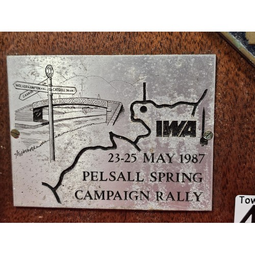 211 - An International Waterways Association (IWA) Commemorative plaque display, mounted on a hardwood boa... 
