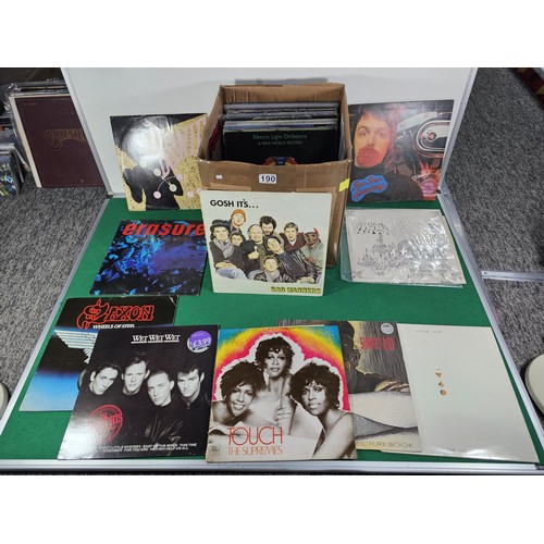 190 - A box containing a quantity of assorted LP's of different genre, to include Wings, Pink Floyd, David... 