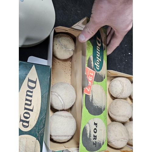 180 - Large quantity of collectables to include 2x boxes of vintage 1960's tennis balls by Dunlop, a box o... 