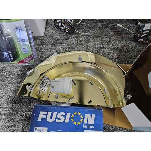 199 - Box of lighting items to include 2x wall lamps, 2x angle poises lamps, 4x boxed wall lamps, Fluoresc... 