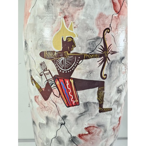 203 - A large earthenware floor standing vase with hand painted decoration to the side showing the image o... 