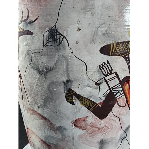 203 - A large earthenware floor standing vase with hand painted decoration to the side showing the image o... 