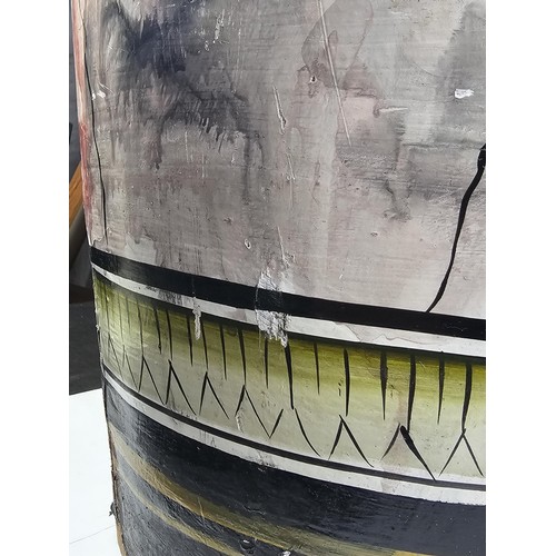 203 - A large earthenware floor standing vase with hand painted decoration to the side showing the image o... 