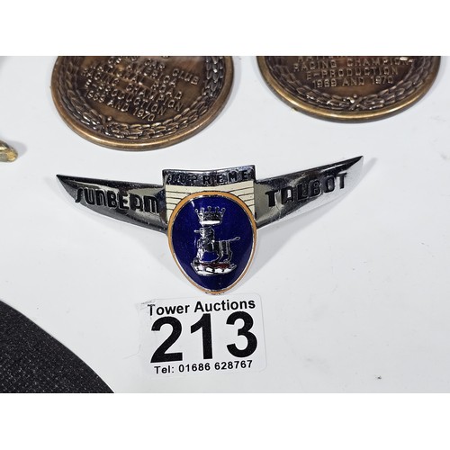 213 - A collection of car related items to include a Rover Viking bonnet mount, a Sunbeam Talbot bonnet ba... 