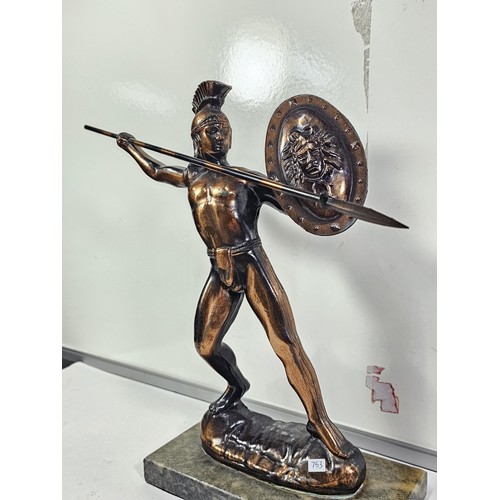 225 - A good quality bronze effect resin figure of a Spartan Gladiator complete with spear and shield, the... 