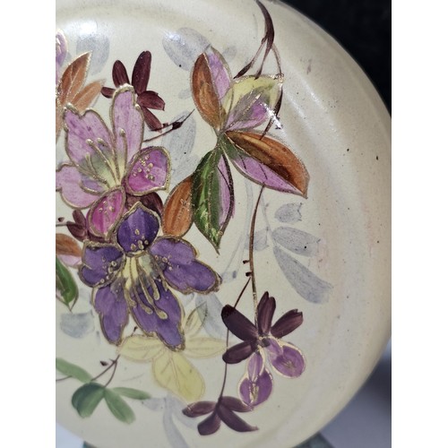 234 - A shelf full of collectable pieces to include a pair of hand painted Vaseline vases a hand painted f... 