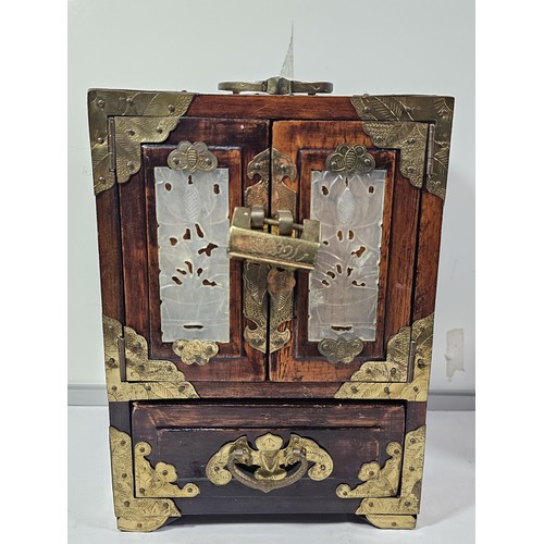 232 - A collection of 2x vintage oriental jewellery boxes, both with plastic Jade style panels, the taller... 