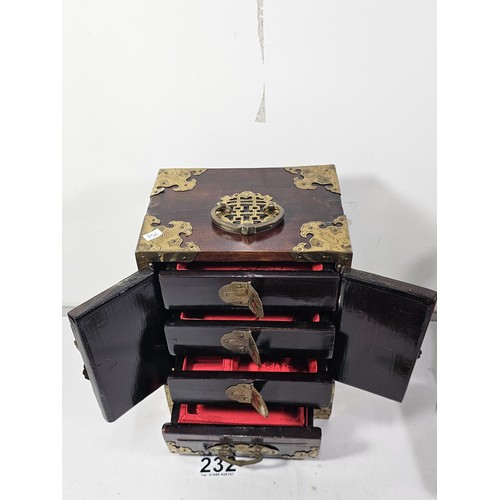 232 - A collection of 2x vintage oriental jewellery boxes, both with plastic Jade style panels, the taller... 
