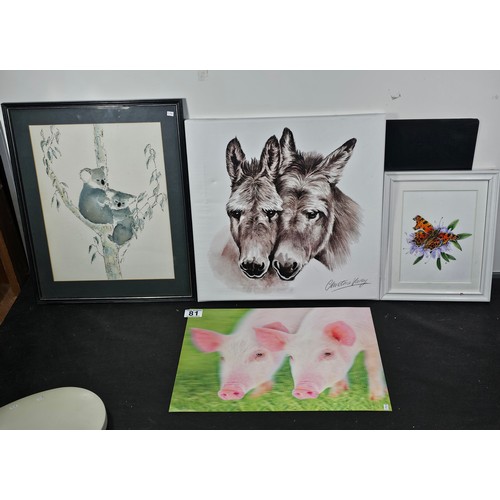 81 - 4 pictures to include a framed and glazed watercolour, a 3D picture of pigs, a framed and glazed wat... 