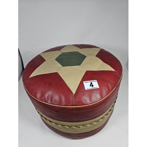 4 - A vintage mid century geometric patterned red beige and green pouffe, in good order with a height of... 