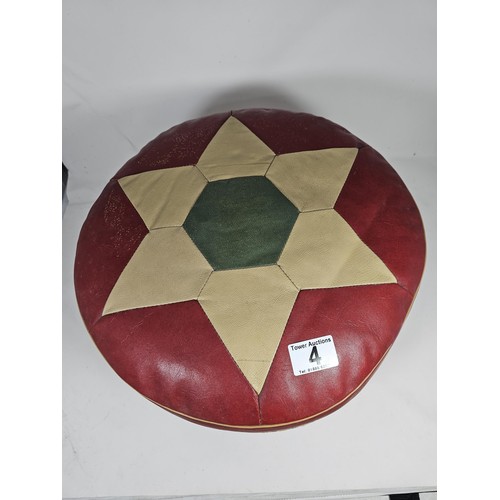 4 - A vintage mid century geometric patterned red beige and green pouffe, in good order with a height of... 