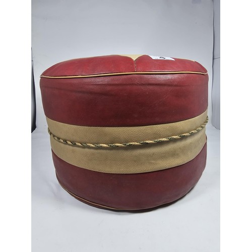 4 - A vintage mid century geometric patterned red beige and green pouffe, in good order with a height of... 