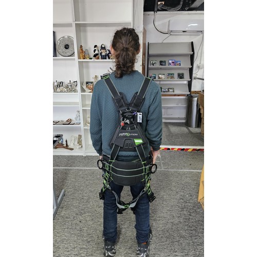 11 - Miller “Revolution” full‑body safety harness, black webbing with green stitching, fitted with multip... 