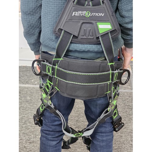 11 - Miller “Revolution” full‑body safety harness, black webbing with green stitching, fitted with multip... 