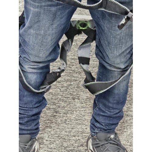 11 - Miller “Revolution” full‑body safety harness, black webbing with green stitching, fitted with multip... 