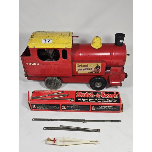 17 - A Tri-ang 'Puff-Puff' lithographed tin plate push along locomotive, red and ye;ow livery with a cart... 