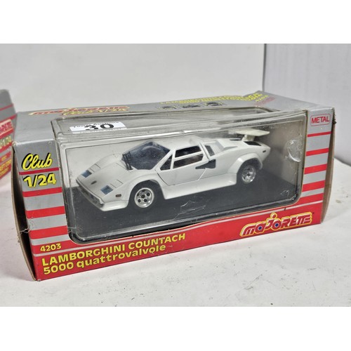 30 - 3x boxed Majorette Club 1/24 cars to include a Porsche 944 cabriolet, a Lamborghini Countach and a C... 