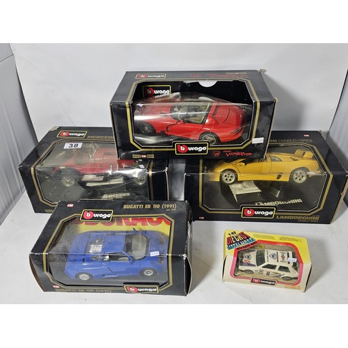 38 - 4x boxed 1/18 scale Burago diecast cars and a 1/43 Burago car. to include a Mercedes SSK, A lamborgh... 