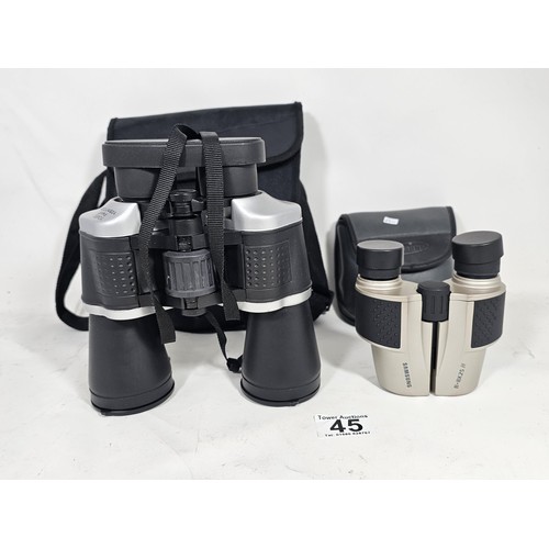 45 - 2 pairs of cased binoculars, to include a pair of 10x50 six degrees field binoculars and a pair of S... 