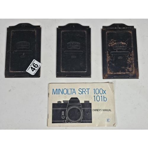46 - A quantity of photographic items,to include a Minolta SRT100 35mm camera, complete with a Skylight 5... 