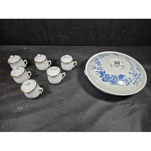 50 - A large blue and white lidded casserole dish by Royal Worcester in the Rhapsody design depicting blu... 