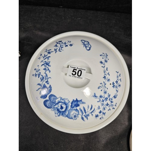 50 - A large blue and white lidded casserole dish by Royal Worcester in the Rhapsody design depicting blu... 