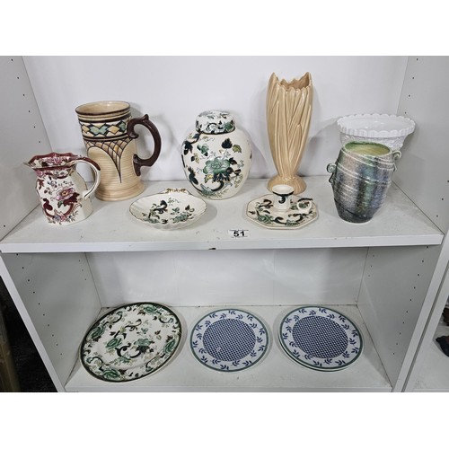 51 - 2 shelves of collectable ceramics to include 4 pieces of Masons Chartreuse design, o include a ginge... 