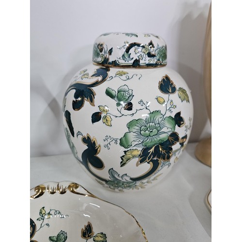 51 - 2 shelves of collectable ceramics to include 4 pieces of Masons Chartreuse design, o include a ginge... 
