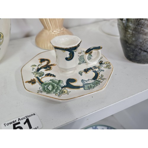 51 - 2 shelves of collectable ceramics to include 4 pieces of Masons Chartreuse design, o include a ginge... 