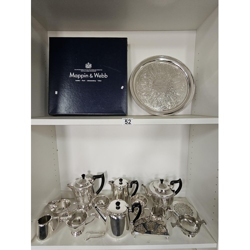52 - 2 shelves of assorted plated ware, to include a boxed Mappin & Webb silver plated tray with an i... 