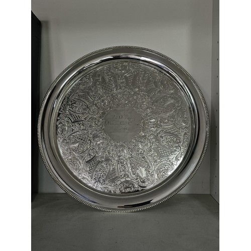 52 - 2 shelves of assorted plated ware, to include a boxed Mappin & Webb silver plated tray with an i... 