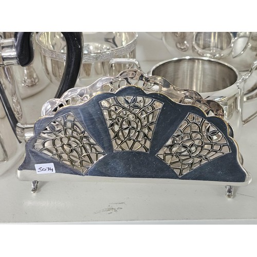 52 - 2 shelves of assorted plated ware, to include a boxed Mappin & Webb silver plated tray with an i... 