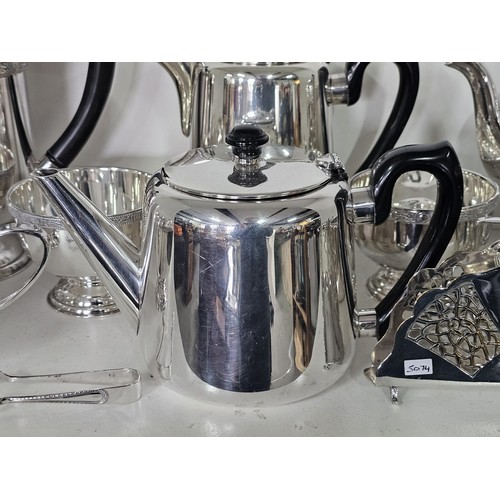 52 - 2 shelves of assorted plated ware, to include a boxed Mappin & Webb silver plated tray with an i... 